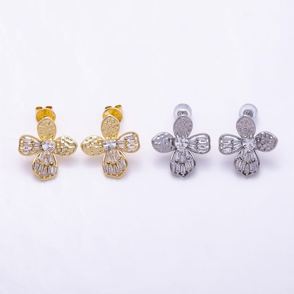 16K Gold Filled 19mm Heart & Baguette CZ Sandblasted Four-Petal Flower Stud Earrings in Gold & Silver | Earrings-00892 - Earrings-00893