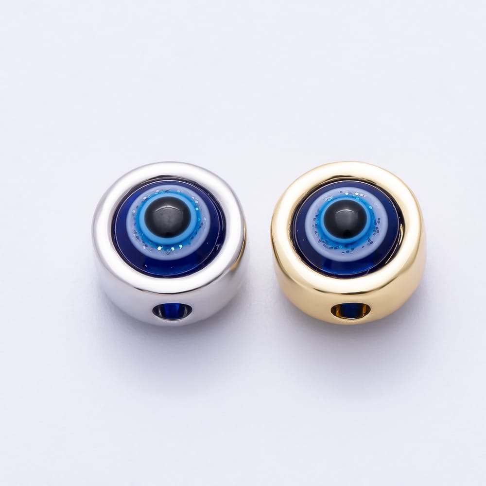 16K Gold Filled 11mm Blue Enamel Evil Eye Round Bezel Bead in Gold & Silver | Beads-00641 Beads-00642
