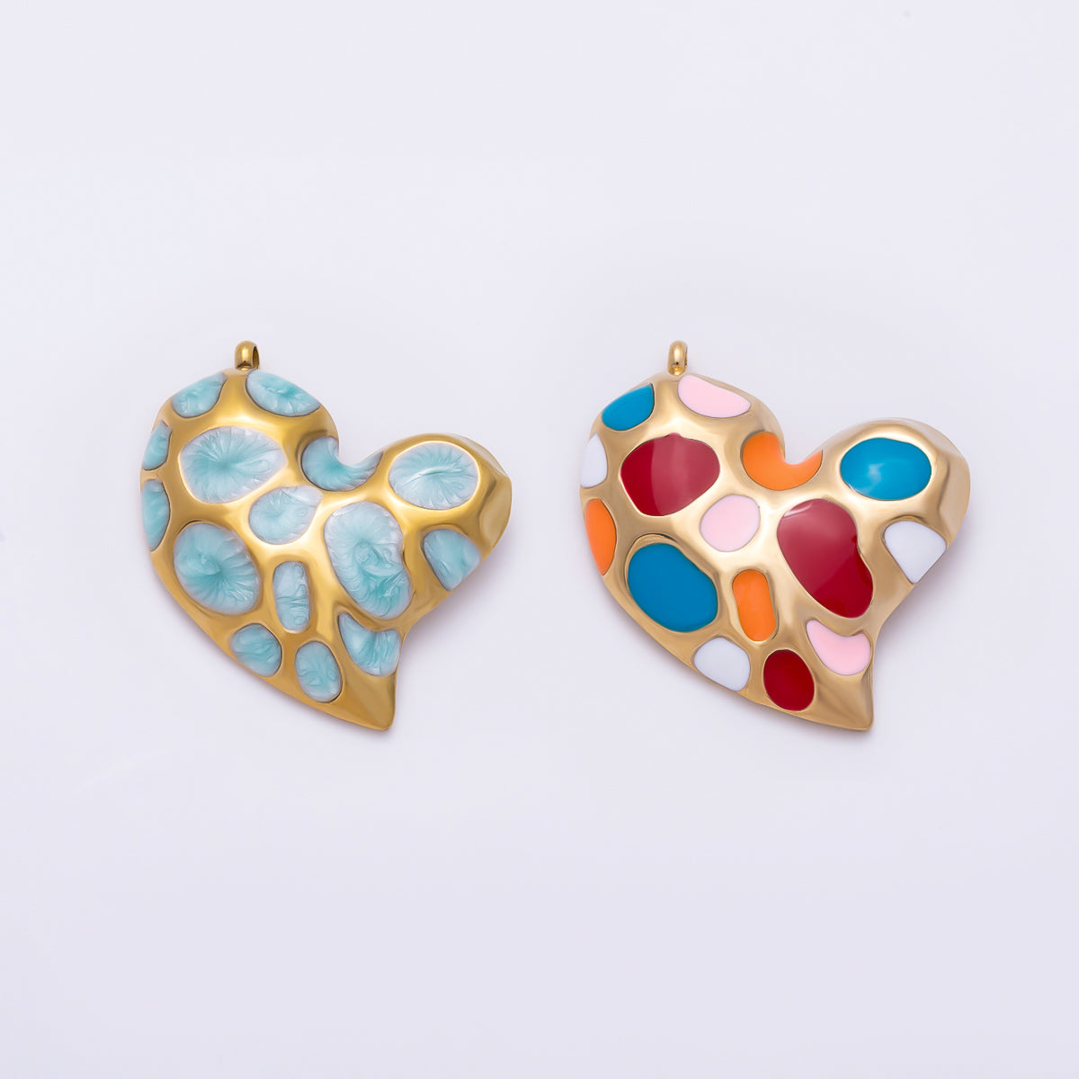 PVD Gold Stainless Steel 30mm Multicolor, Green Enamel Abstract Dotted Heart Charm | Charms-01429 Charms-01430