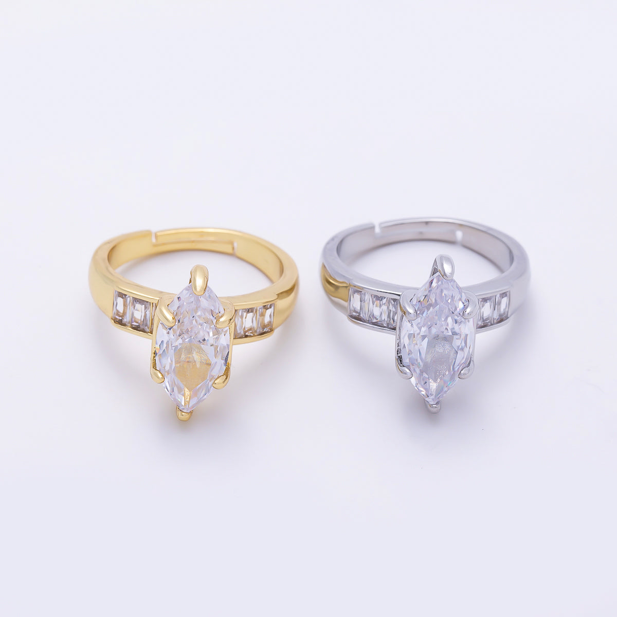 16K Gold Filled Clear Marquise Baguette CZ Adjustable Ring in Gold & Silver | Rings-00291 Rings-00292