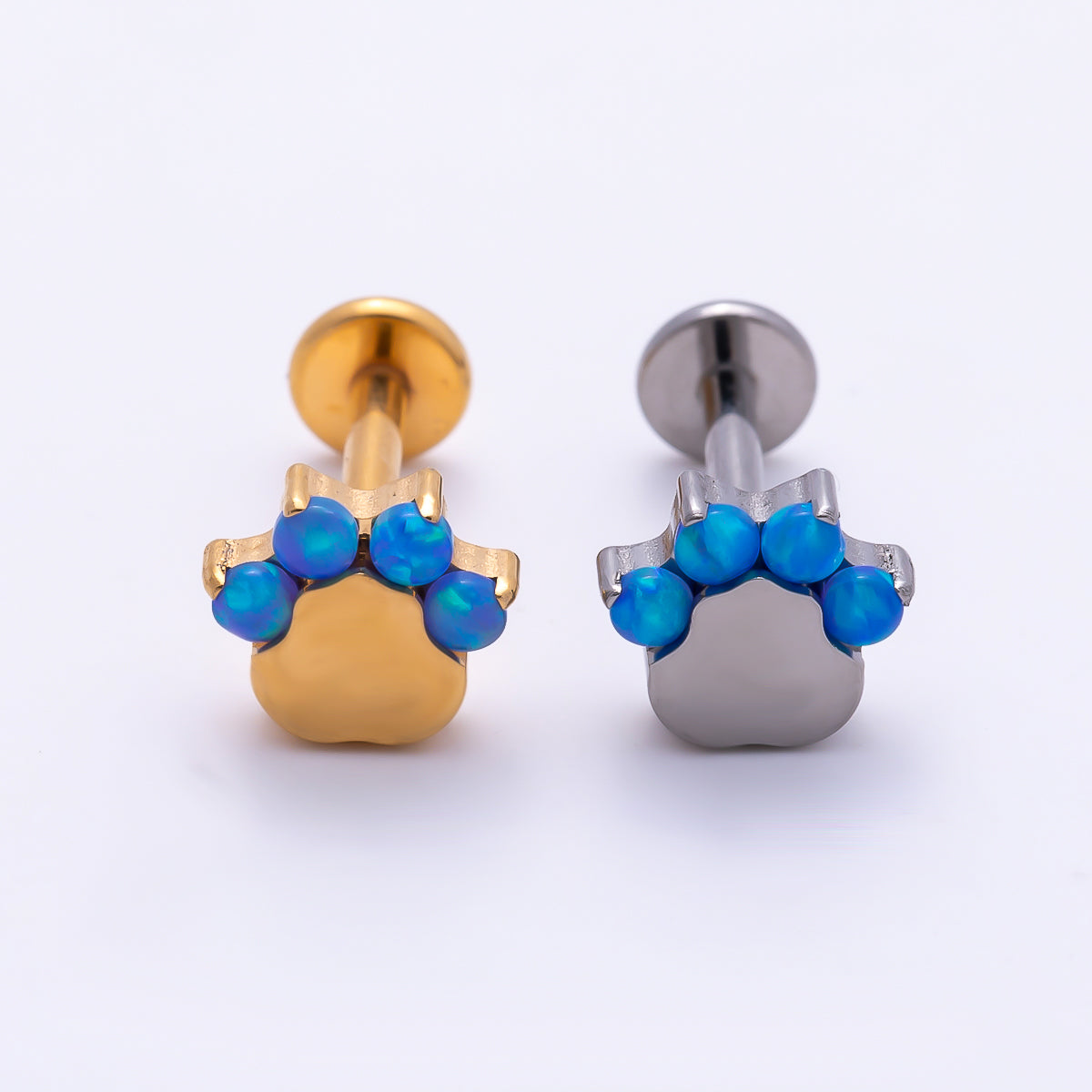 Titanium 11mm Blue Opal Animal Pet Paw Print Cartilage Piercing Flat Back Stud in Gold & Silver | Findings-00435 Findings-00436