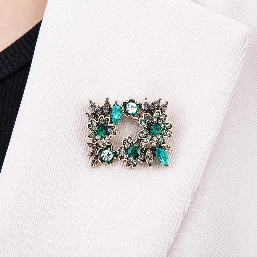 Vintage Gold Pink, Green Rhinestone Cluster Flower Rectangle Pin Brooch | BH-00219 BH-00220