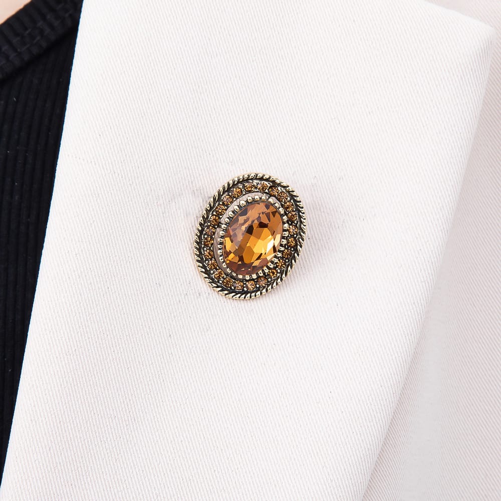 Vintage Gold Blue, Brown, Green Rhinestone Solitaire Bezel Oval Pin Brooch | BH-00249 ~ BH-00251