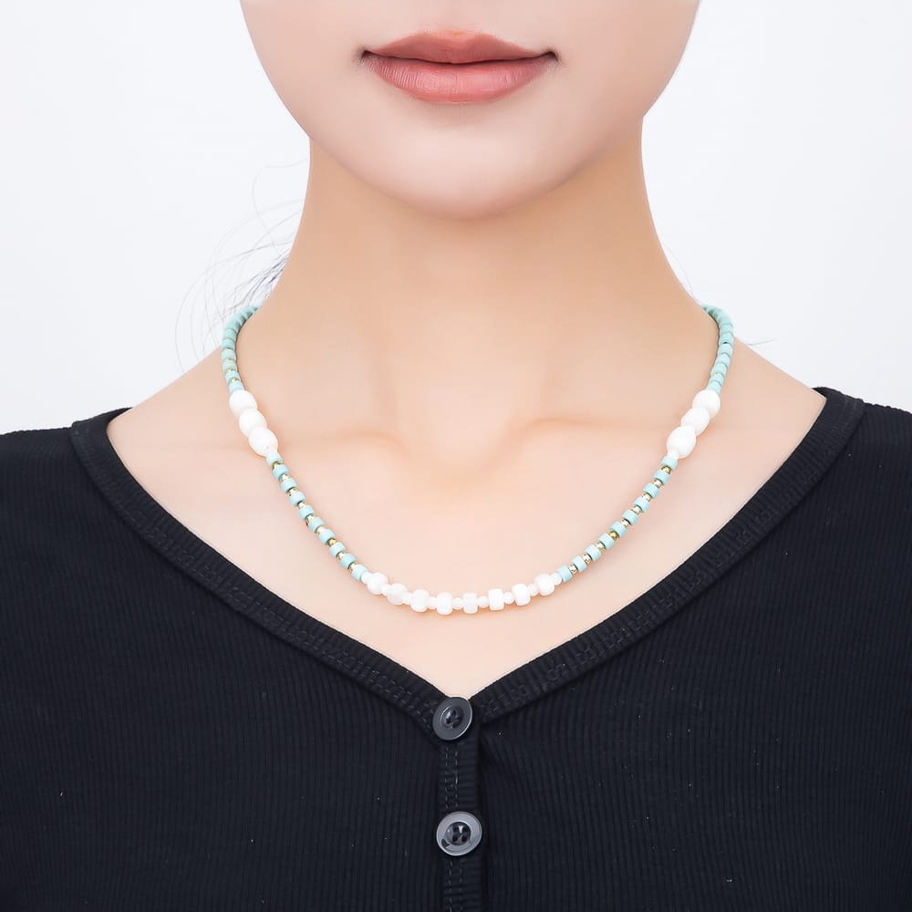 16K Gold Filled Blue Turquoise Rondelle Shell Pearl Gemstone Chain 18 Inch Necklace, 8 Inch Bracelet | WA-00602 WA-00637