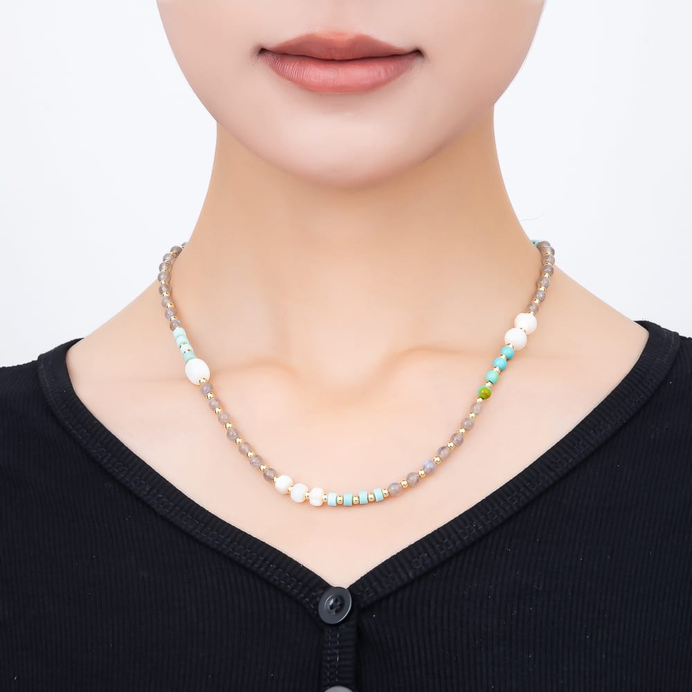 16K Gold Filled 4.5mm Blue Turquoise Labradorite Shell Pearl Round Gemstone Chain 18 Inch Necklace | WA-00631 WA-00639