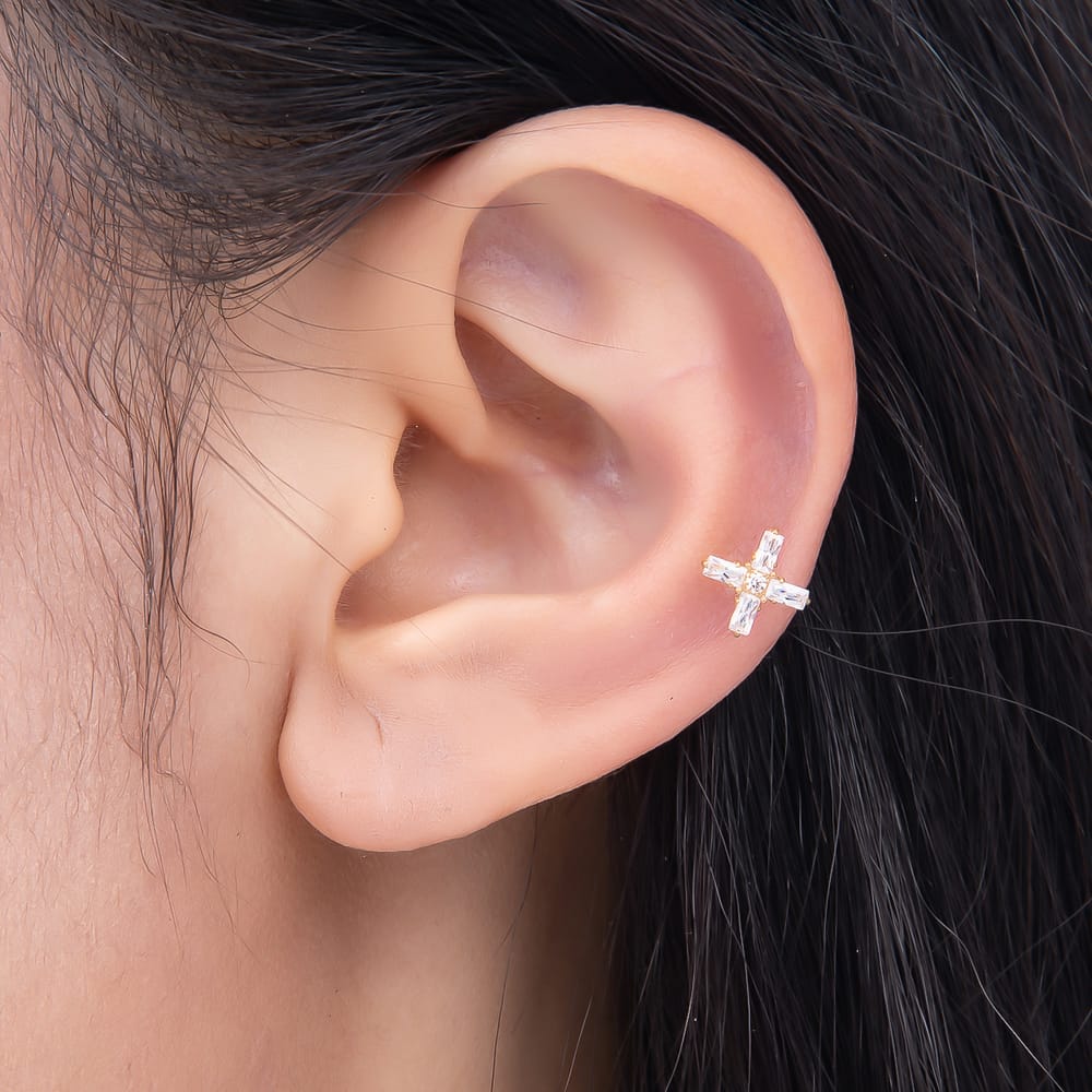 Titanium 9mm Baguette CZ Cross Cartilage Piercing Flat Back Stud in Gold & Silver | BJ-00269 BJ-00270