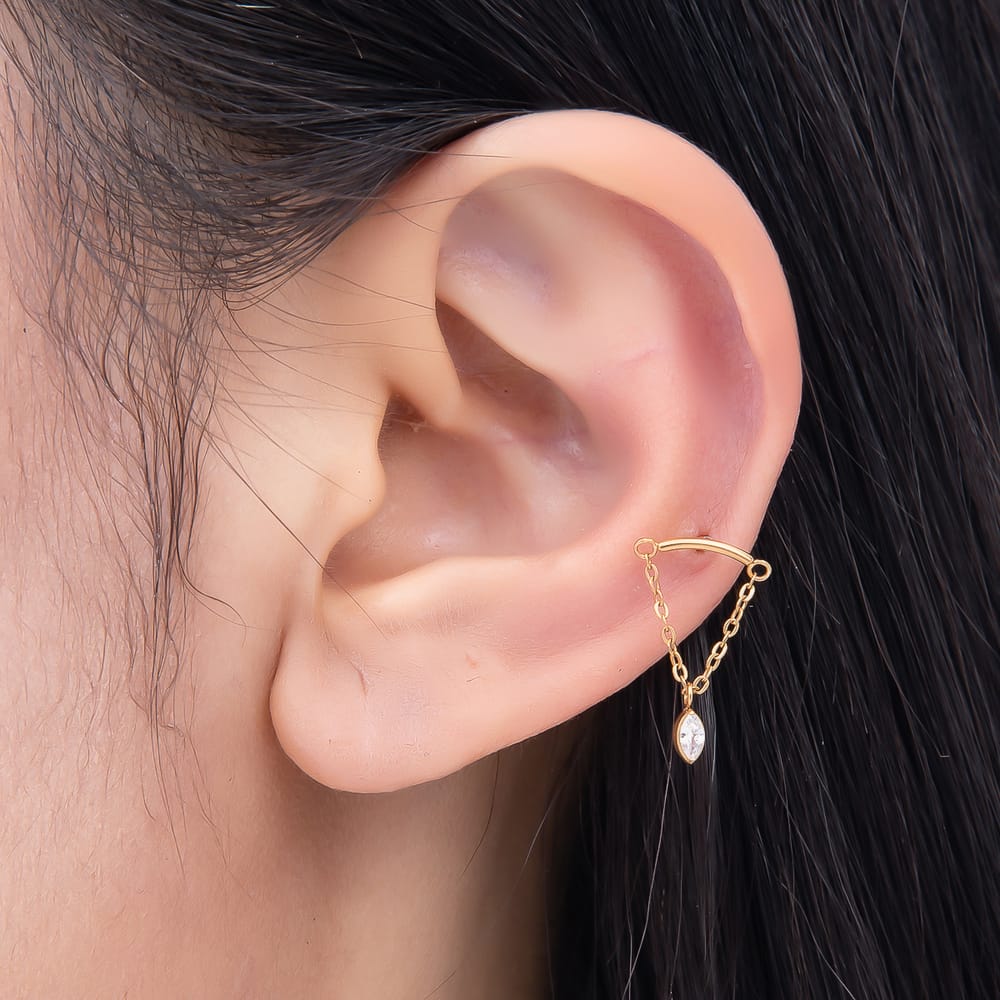 Titanium 18mm Marquise CZ Curved Chain Drop Cartilage Piercing Flat Back Stud | BJ-00282