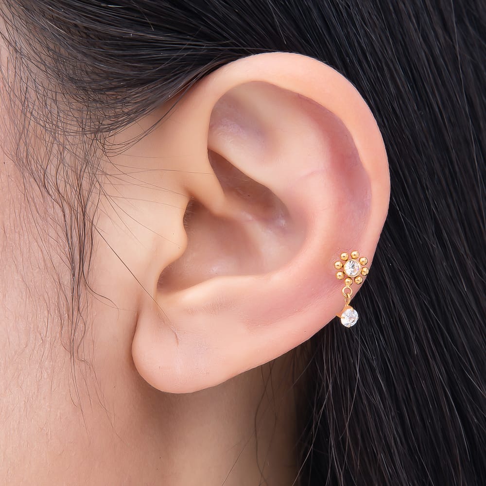 Titanium 12mm Clear CZ Round Bead Flower Drop Cartilage Piercing Flat Back Stud in Gold & Silver | BJ-00275 BJ-00276