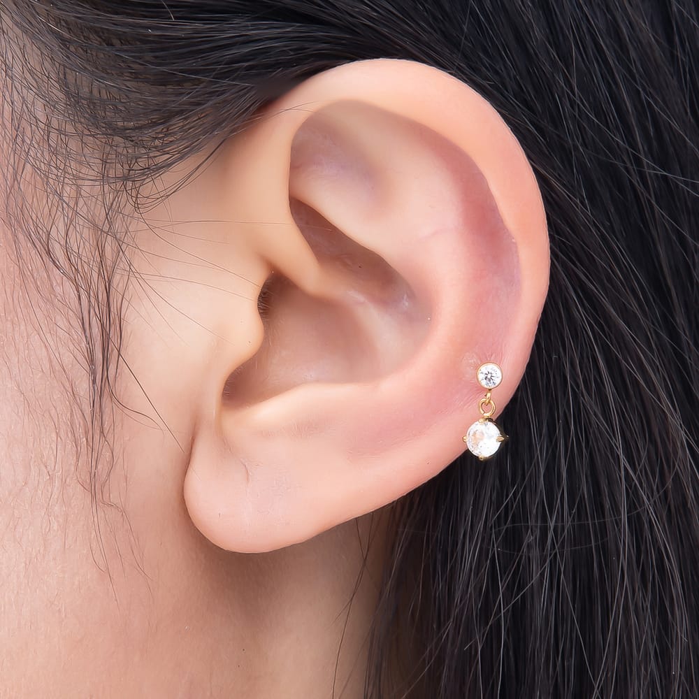 Titanium 11mm Clear CZ Round Drop Cartilage Piercing Flat Back Stud in Gold & Silver | BJ-00313 BJ-00314