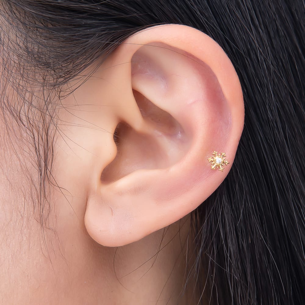 Titanium 6mm CZ Snowflake Cartilage Piercing Flat Back Stud in Gold & Silver | BJ-00323 BJ-00324