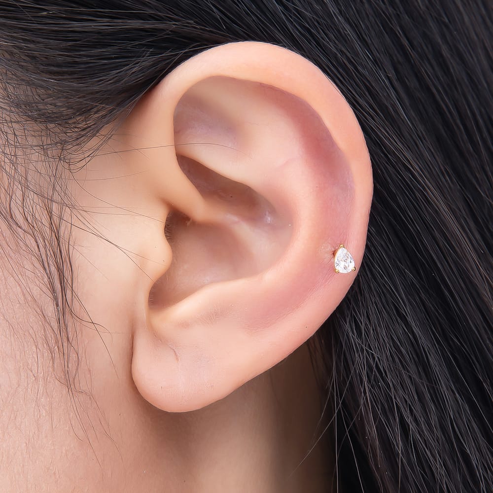 Titanium 4.5mm Clear CZ Teardrop Solitaire Cartilage Piercing Flat Back Stud in Gold & Silver | BJ-00321 BJ-00322