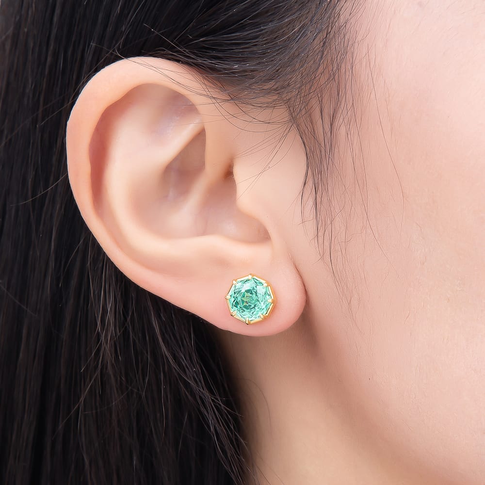 16K Gold Filled 10mm Blue, Green CZ Hexagon Prong Solitaire Stud Earrings | Earrings-01255 Earrings-01256
