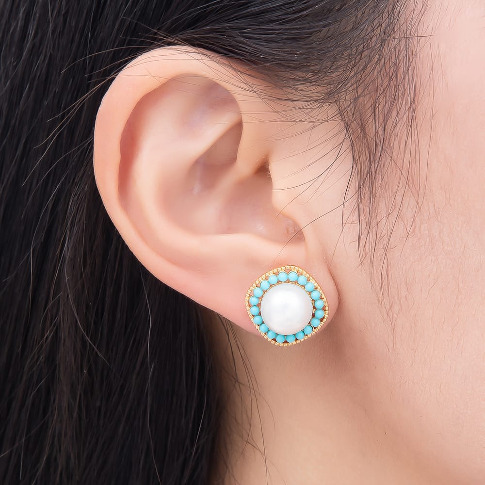 16K Gold Filled 15mm Shell Pearl Turquoise Round Square Stud Earrings in Gold & Silver | Earrings-01233 Earrings-01234