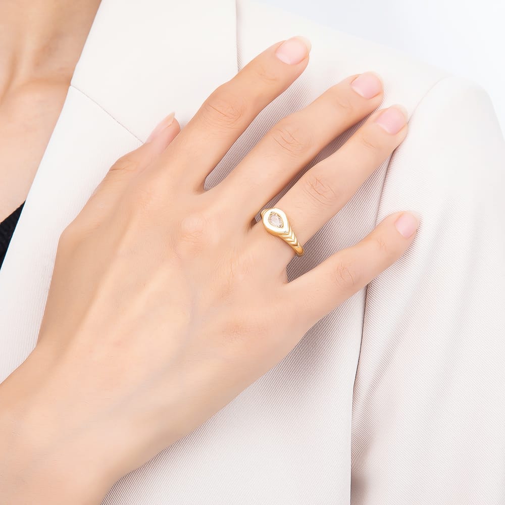 16K Gold Filled Clear CZ Teardrop Geometric Ribbed Ring | Rings-00443
