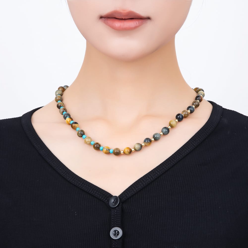 16K Gold Filled 4mm Tiger Eye Bead Round Gemstone Chain 18 Inch Necklace / Bracelet | WA-00350