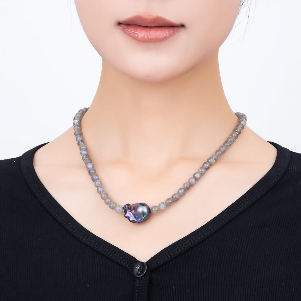16K Gold Filled 6.5mm Purple Baroque Freshwater Pearl Labradorite Round Gemstone Chain 17 Inch Necklace | WA-00529