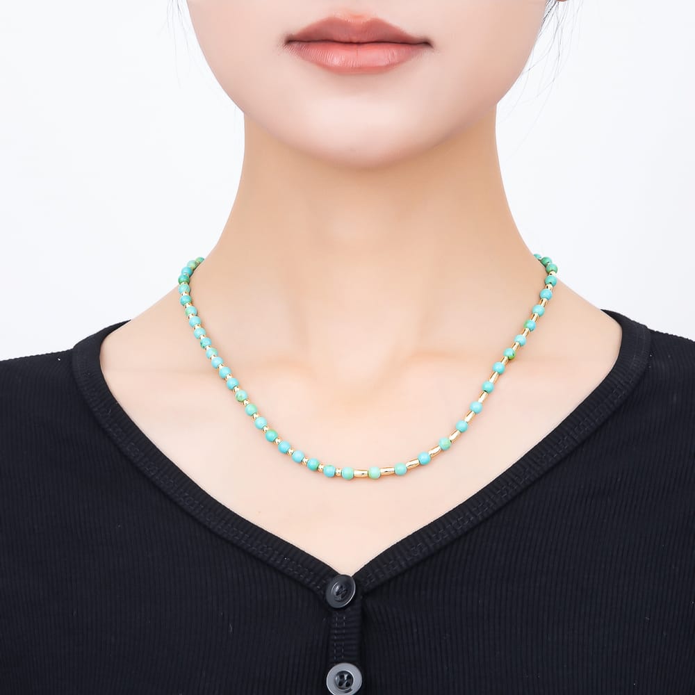 16K Gold Filled 4.5mm Blue Turquoise Round Bead Gemstone Chain 18 Inch Necklace, 8 Inch Bracelet | WA-00329 WA-00643
