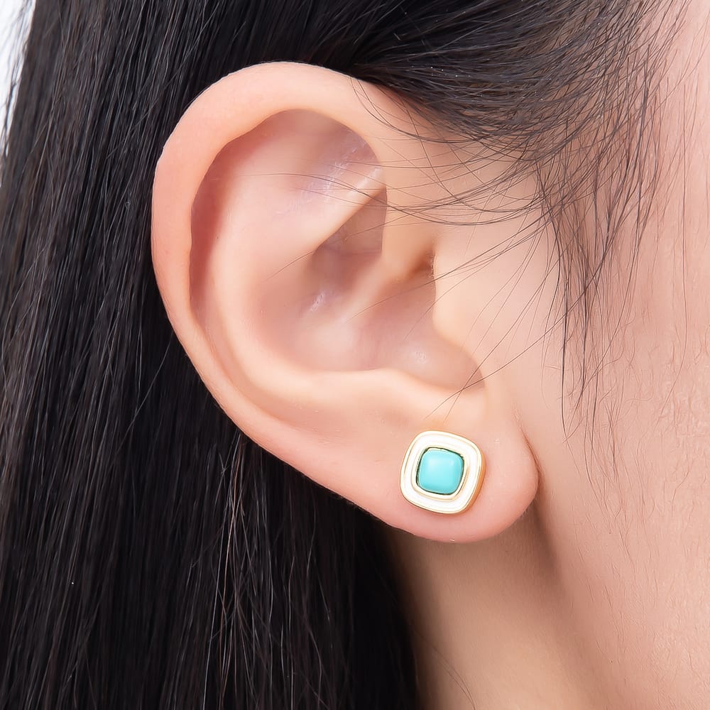 16K Gold Filled 14mm Turquoise Shell Pearl Square Bezel Stud Earrings in Gold & Silver | Earrings-01225 Earrings-01226