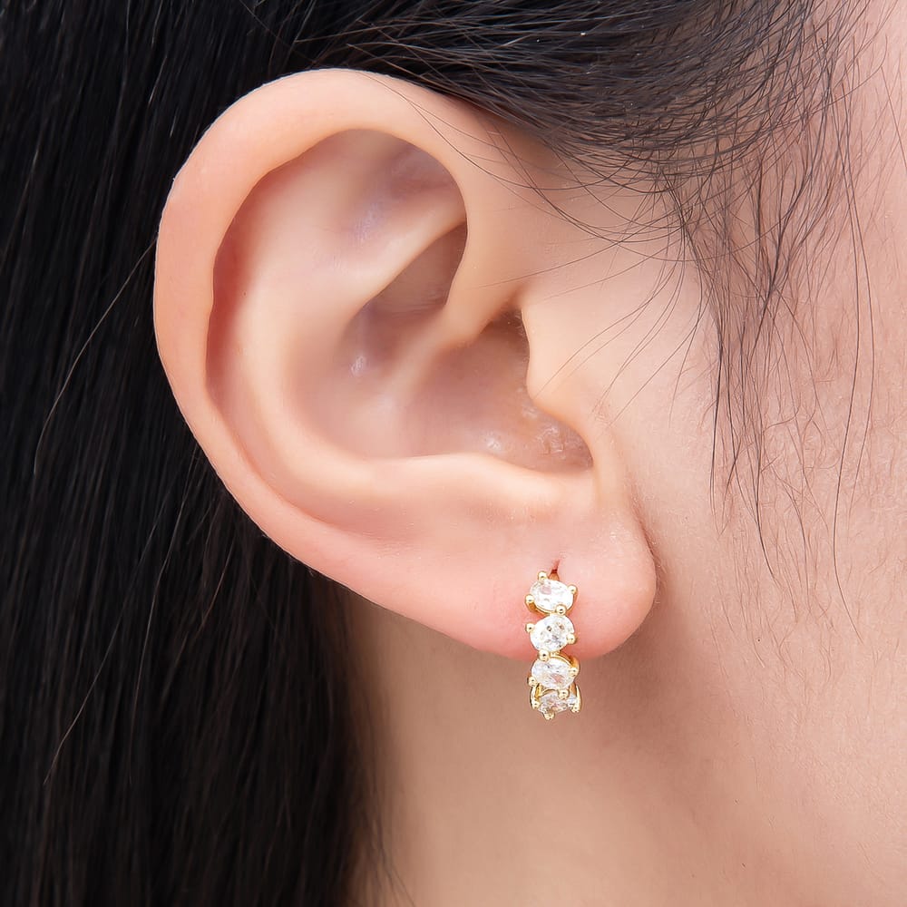 14K Gold Filled 14mm Clear Round CZ Prong Lined Edged Geometric Huggie Hoop | Earrings-01209