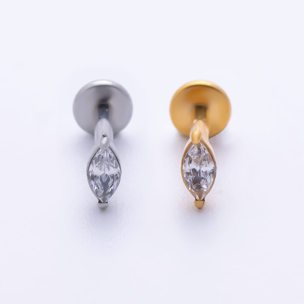 Titanium 5mm Clear CZ Marquise Solitaire Cartilage Piercing Flat Back Stud in Gold & Silver | BJ-00333 BJ-00334