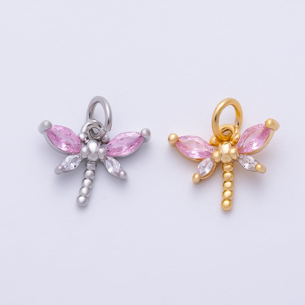 16K Gold Filled 10mm Pink CZ Marquise Dragonfly Insect Charm in Gold & Silver | Charms-02471 Charms-02472