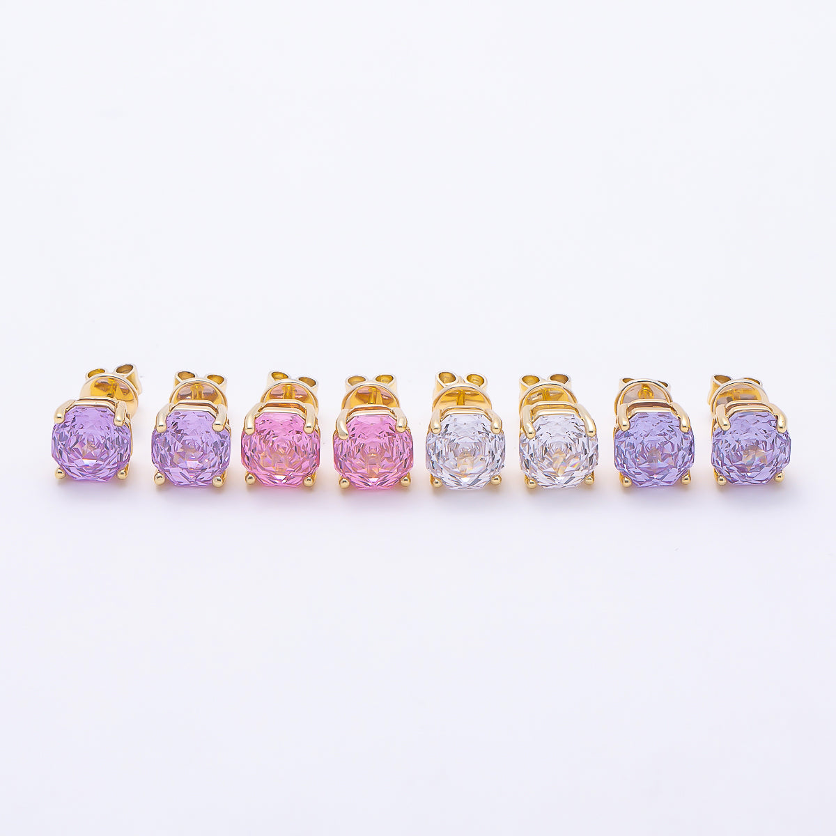 16K Gold Filled 8mm Clear, Purple, Pink CZ Prong Hexagon Round Stud Earrings | Earrings-00716 ~ Earrings-00719