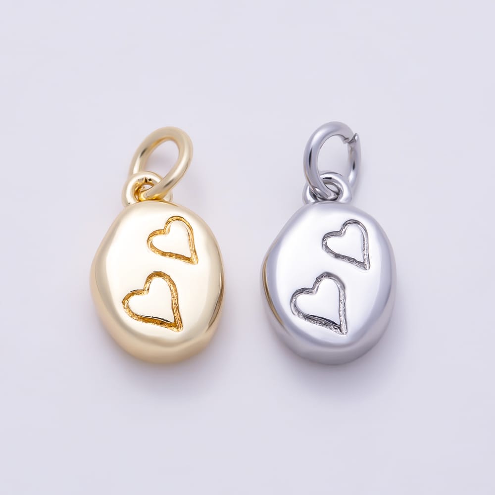 16K Gold Filled 12mm Minimalist Nugget Pebble Engraved Double Love Heart Charm | Charms-02131 - Charms-02132