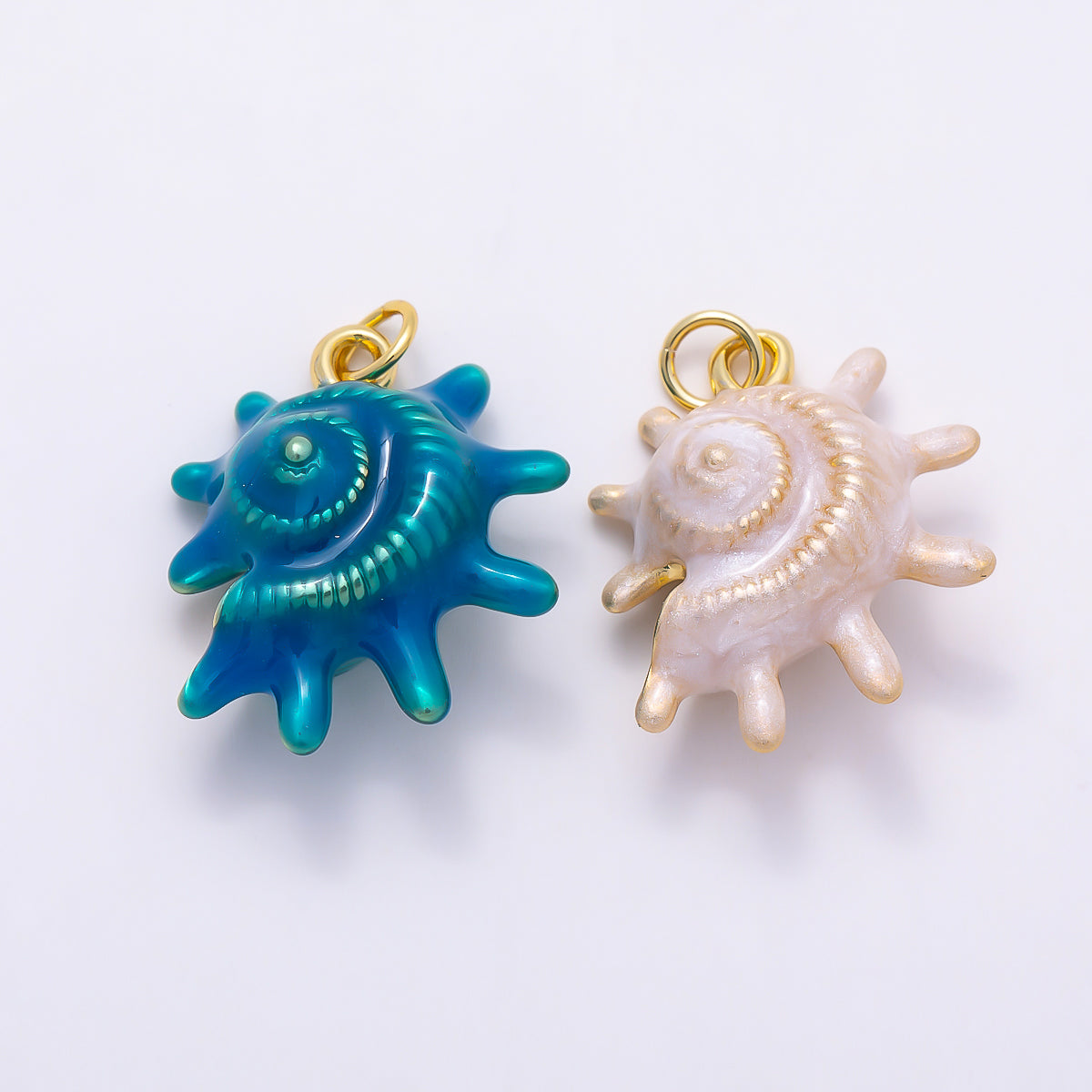 16K Gold Filled 23mm White, Blue Enamel Natural Conch Sea Shell 3D Multidimensional Charm | Charms-01506