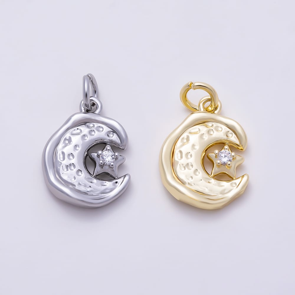 16K Gold Filled 15mm Clear CZ Hammered Crescent Moon & Star Pendant Charm | Charms-02140 - Charms-02141