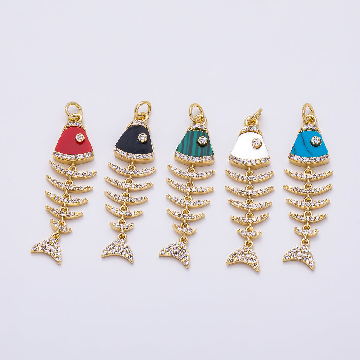 16K Gold Filled 38mm Turquoise, Shell Pearl, Malachite, Onyx, Carnelian Micro Paved CZ Fish Skeleton Charm | Charms-01447 ~ Charms-01451