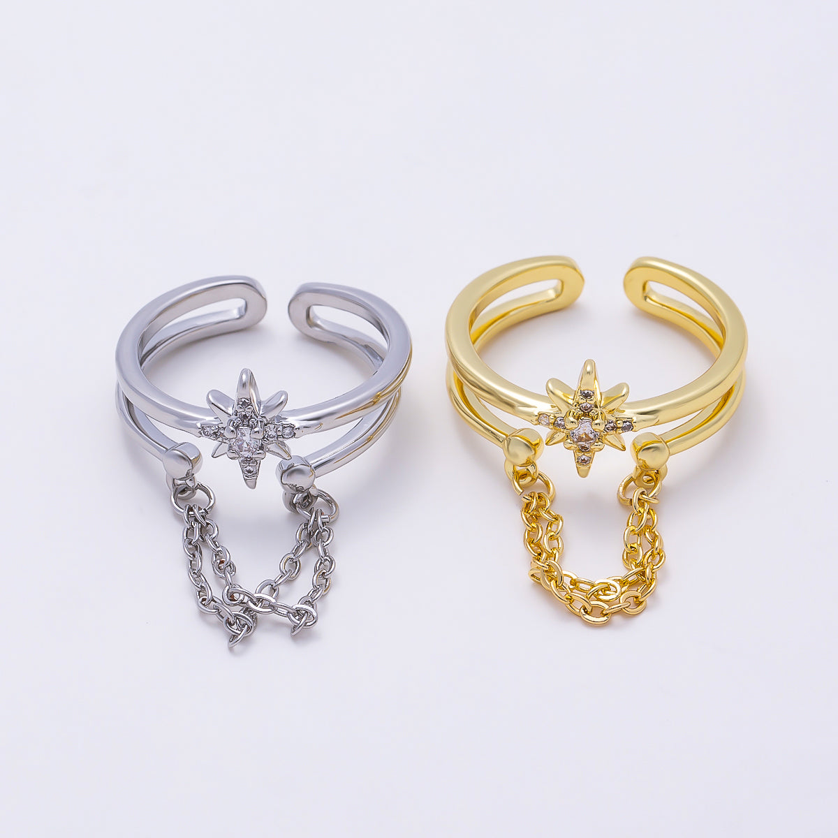 16K Gold Filled CZ Celestial North Star Cable Chain Drop Double Band Ring in Gold & Silver | Rings-00304 Rings-00305