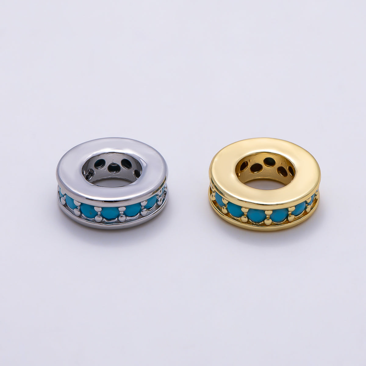 16K Gold Filled 9.5mm Turquoise Micro Paved Rondelle Bead in Gold & Silver | Beads-00542 Beads-00543