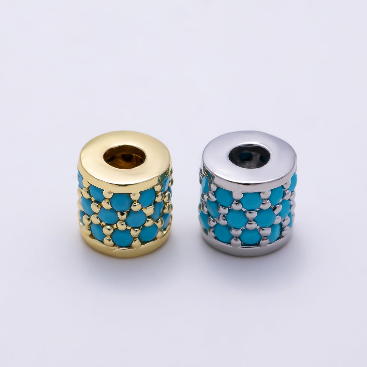 16K Gold Filled 7mm Turquoise Micro Paved Wide Bead in Gold & Silver | Beads-00514 Beads-00515