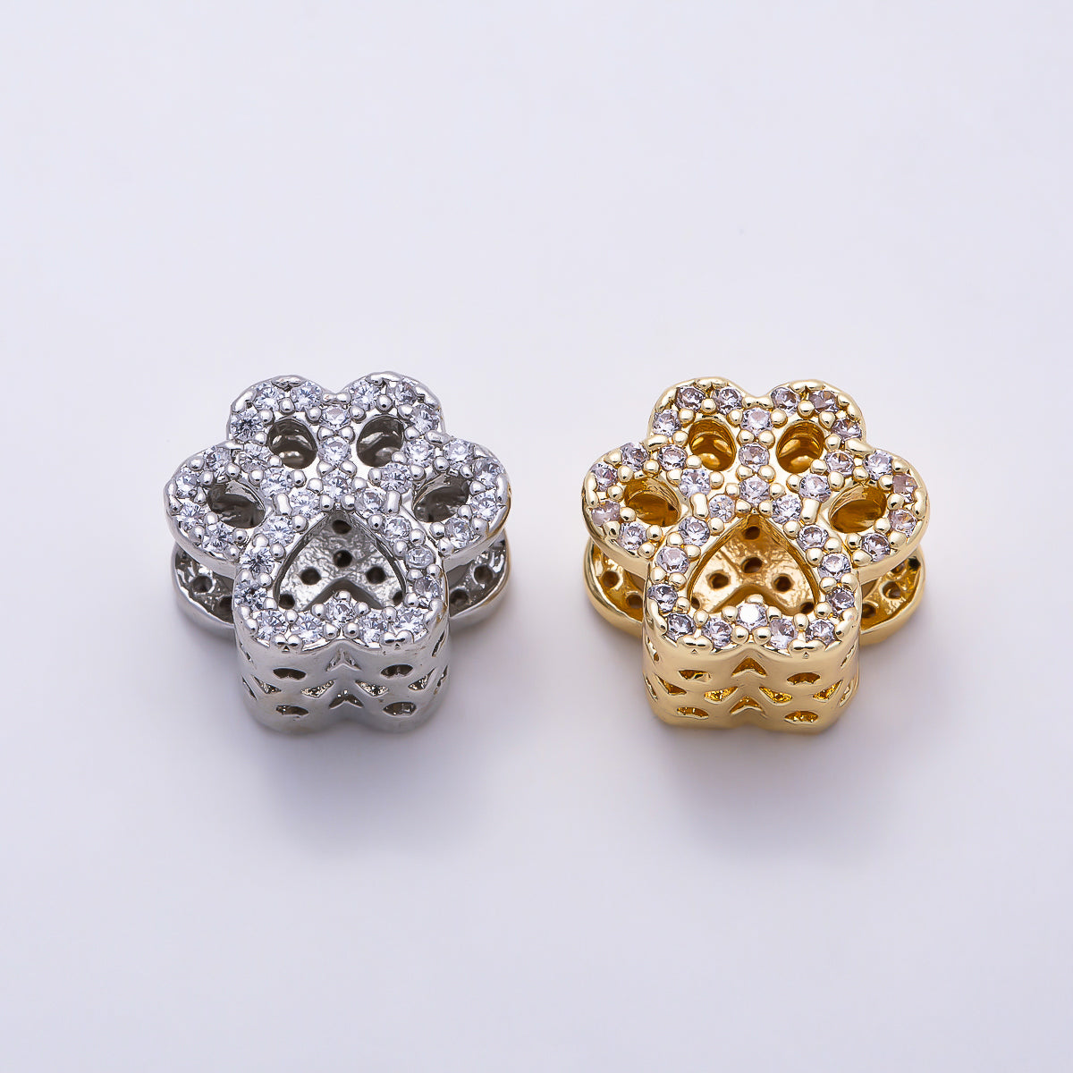 16K Gold Filled 10mm Micro Paved CZ Animal Paw Print Bead in Gold & Silver | Beads-00527