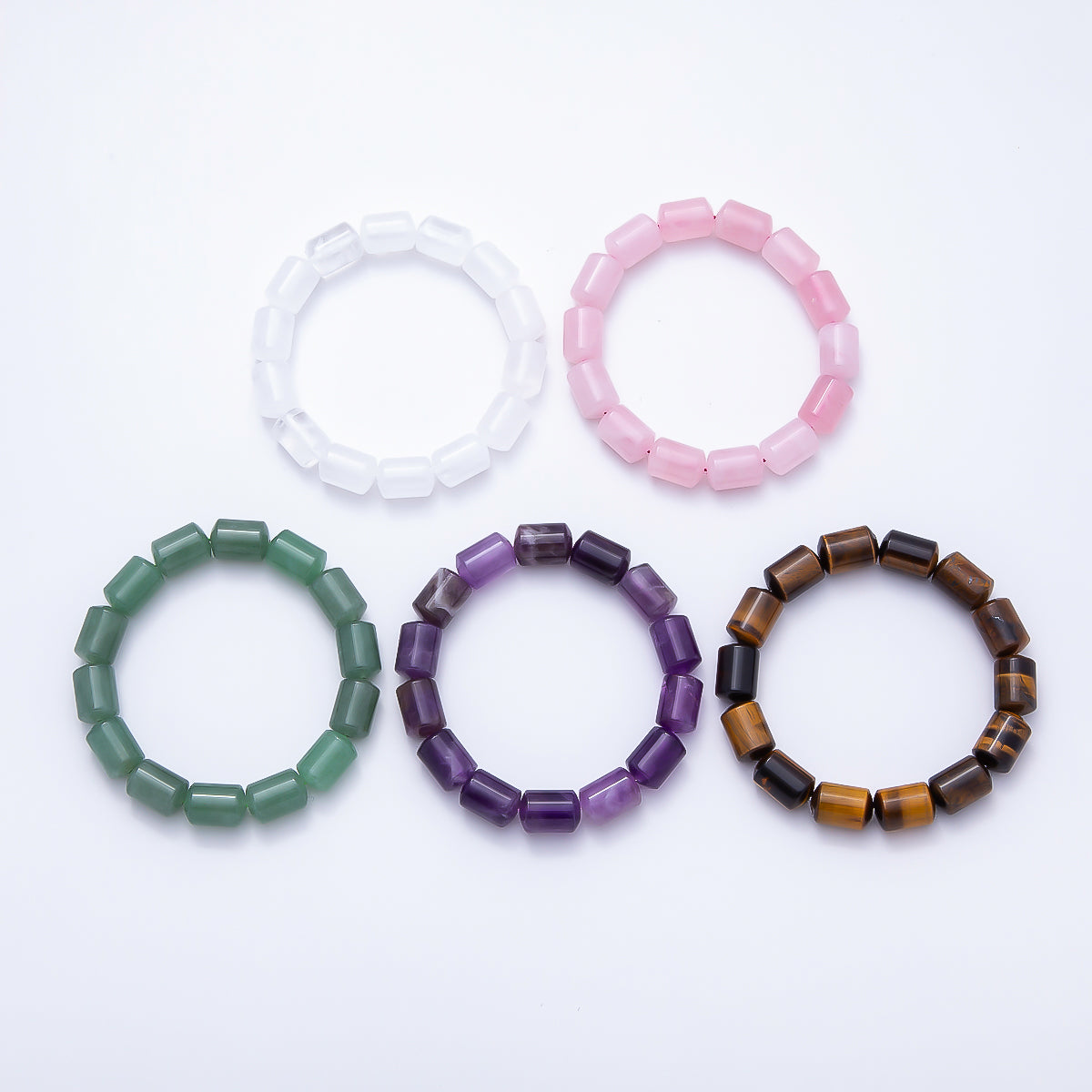 16K Gold Filled 10mm Clear Quartz, Amethyst, Aventurine, Rose Quartz, Tiger Eye Tube Gemstone Stretch Bracelet | WA-02243 ~ WA-02296