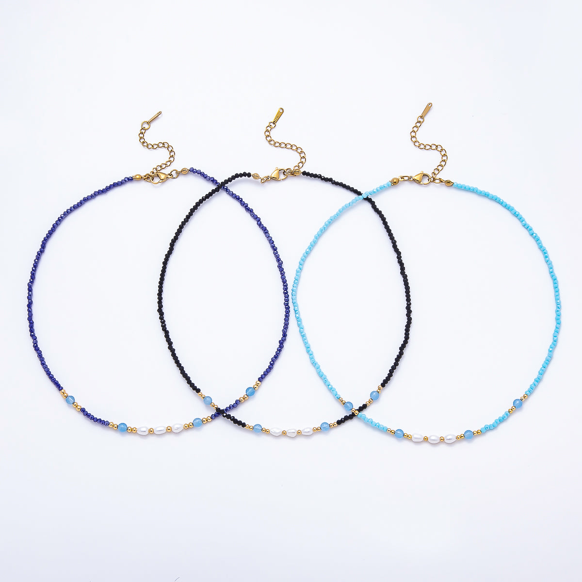 Handmade 2.5mm Shell Pearl Blue, Light Blue, Black Multifaceted Crystal Gemstone Chain 16 Inch Necklace | WA-00689 WA-00699 WA-00790