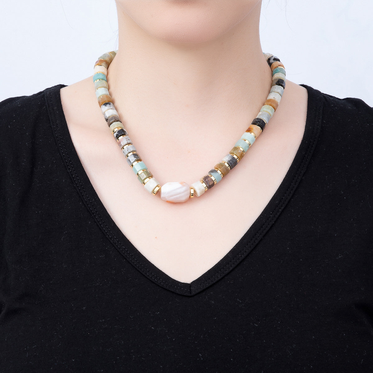 16K Gold Filled 10mm Amazonite Tube Rondelle Gemstone Chain 18 Inch w. Push Gate Extender | WA-00051