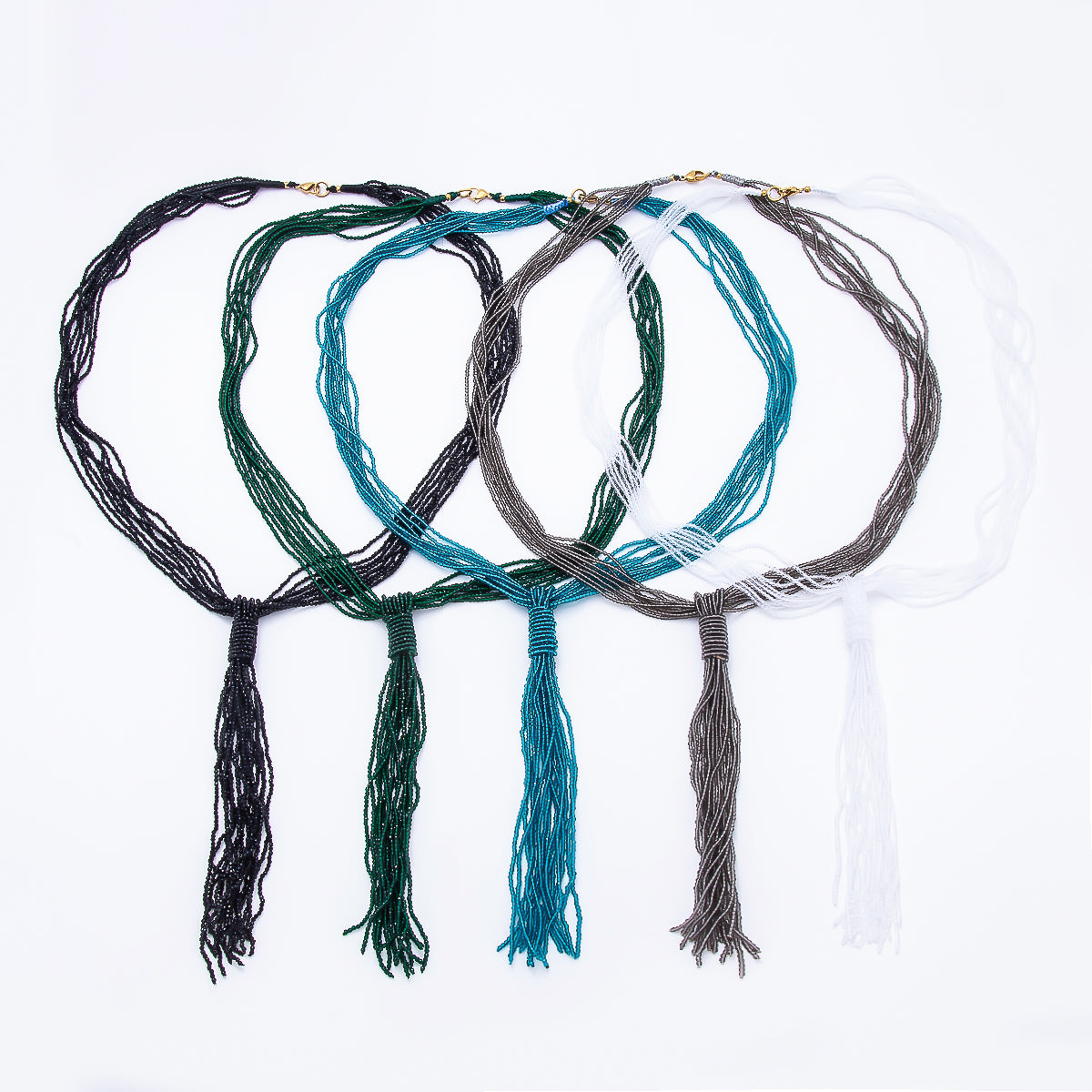 Black, Green, Blue, Grey, White Boho Multi Layer Fringe Knot Lariat Multifaceted Crystal Gemstone Chain 30 Inch Necklace | WA-01096 ~ WA-01142