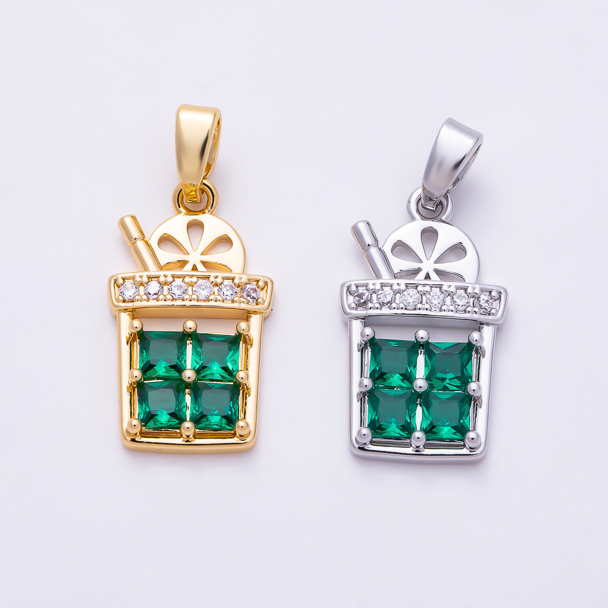 16K Gold Filled 18mm Emerald Green CZ Iced Lemonade Juice Cup Pendant | Charms-01946 - Charms-01947
