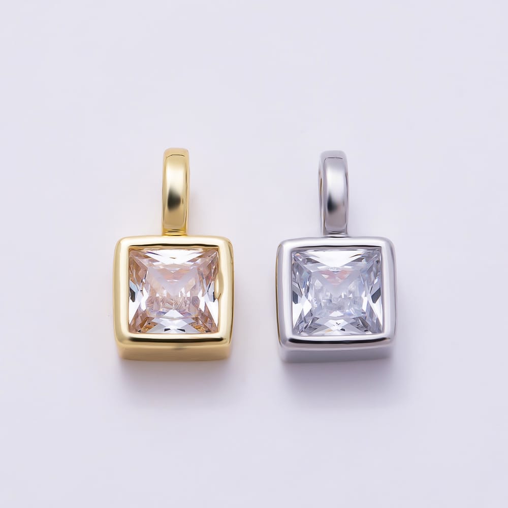 16K Gold Filled 12mm Princess Cut Square CZ Bezel Solitaire Pendant | Charms-02105 - Charms-02106