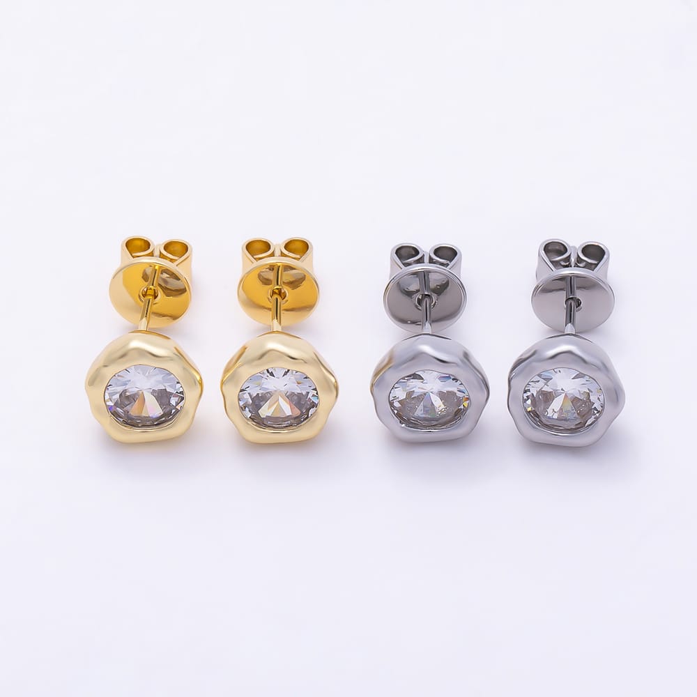 16K Gold Filled 9mm Clear CZ Molten Round Bezel Stud Earrings in Gold & Silver | Earrings-01066 Earrings-01067