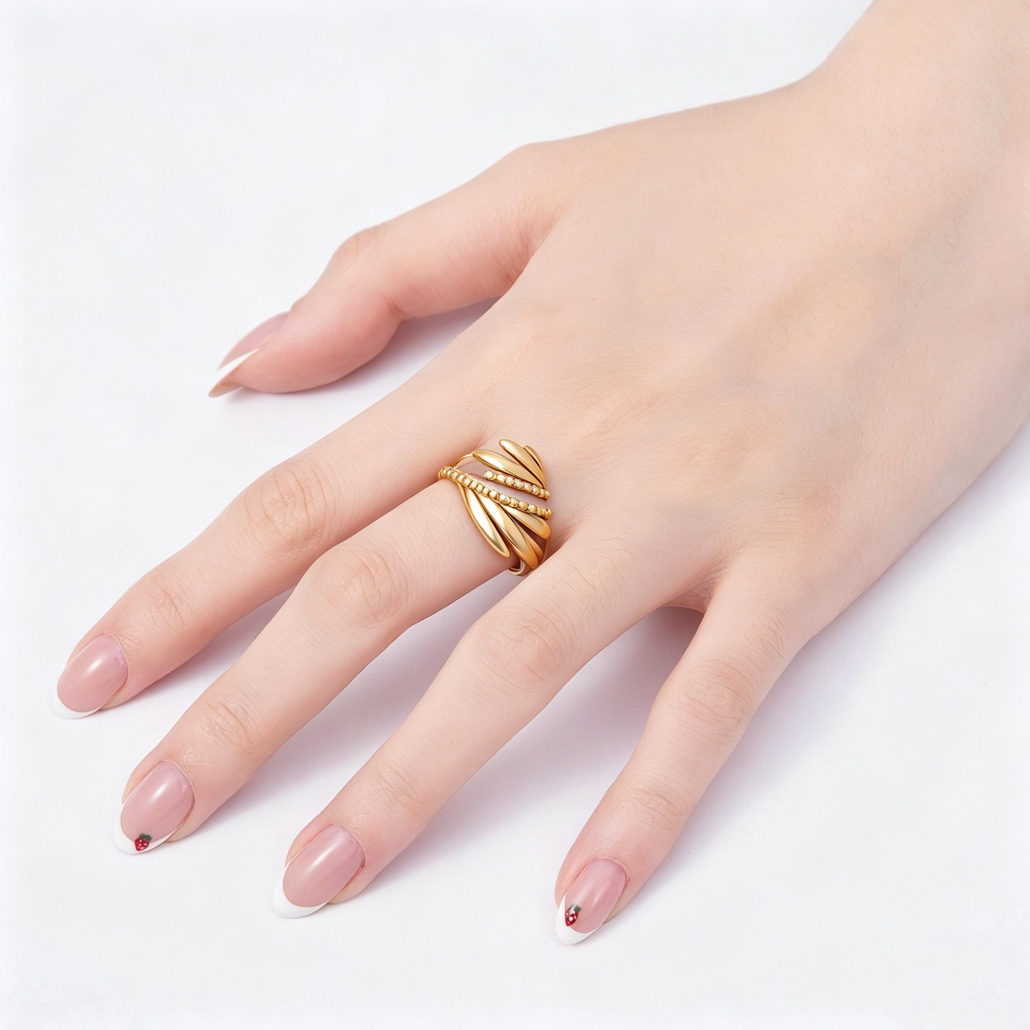 PVD Gold Stainless Steel Minimalist Geometric Leaf Wing Wrap Ring | Rings-00320