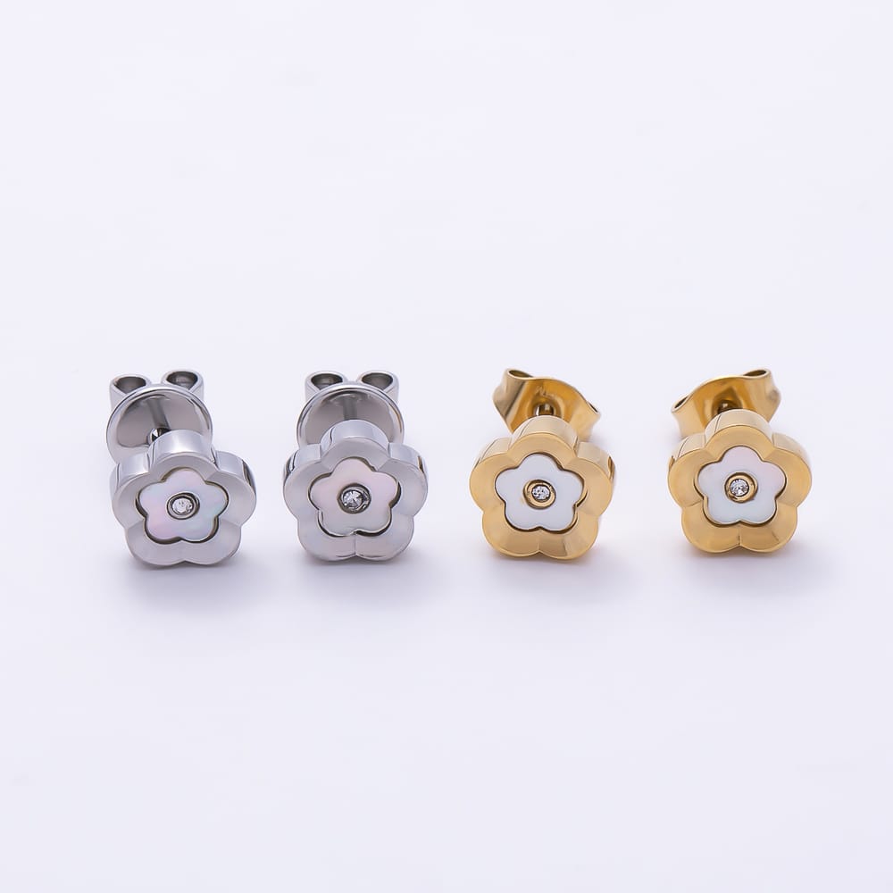 Stainless Steel PVD 8mm Clear CZ Shell Pearl Flower Outline Bezel Stud Earrings in Gold & Silver | Earrings-01157 Earrings-01158