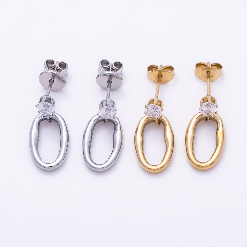 Stainless Steel PVD 18mm Clear CZ Open Molten Oval Drop Earrings in Gold & Silver | Earrings-01155 Earrings-01156