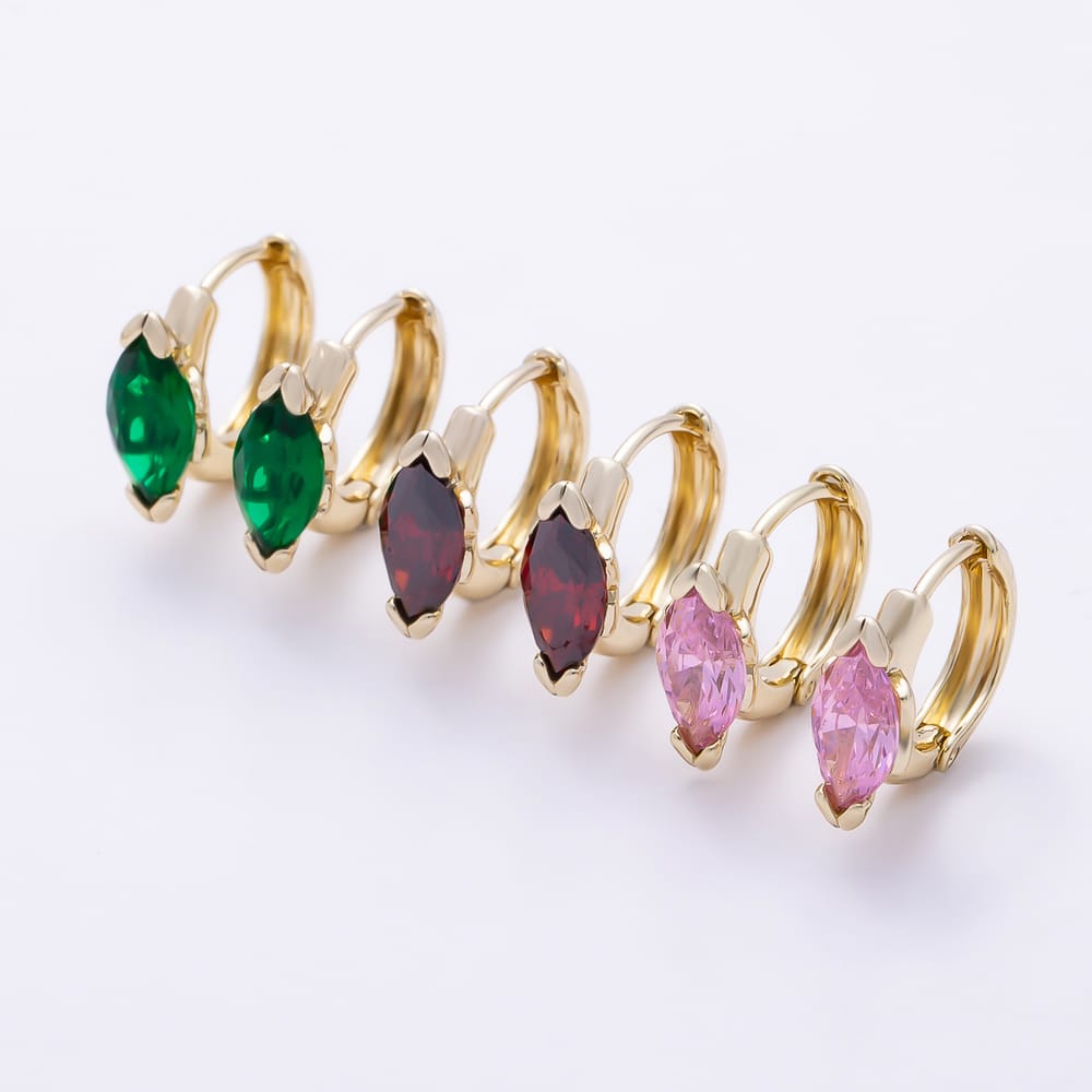 16K Gold Filled 15mm Pink, Red, Green Marquise CZ Semi-Bezel Solitaire Cartilage Huggie Earrings| Earrings-00904 ~ Earrings-00906