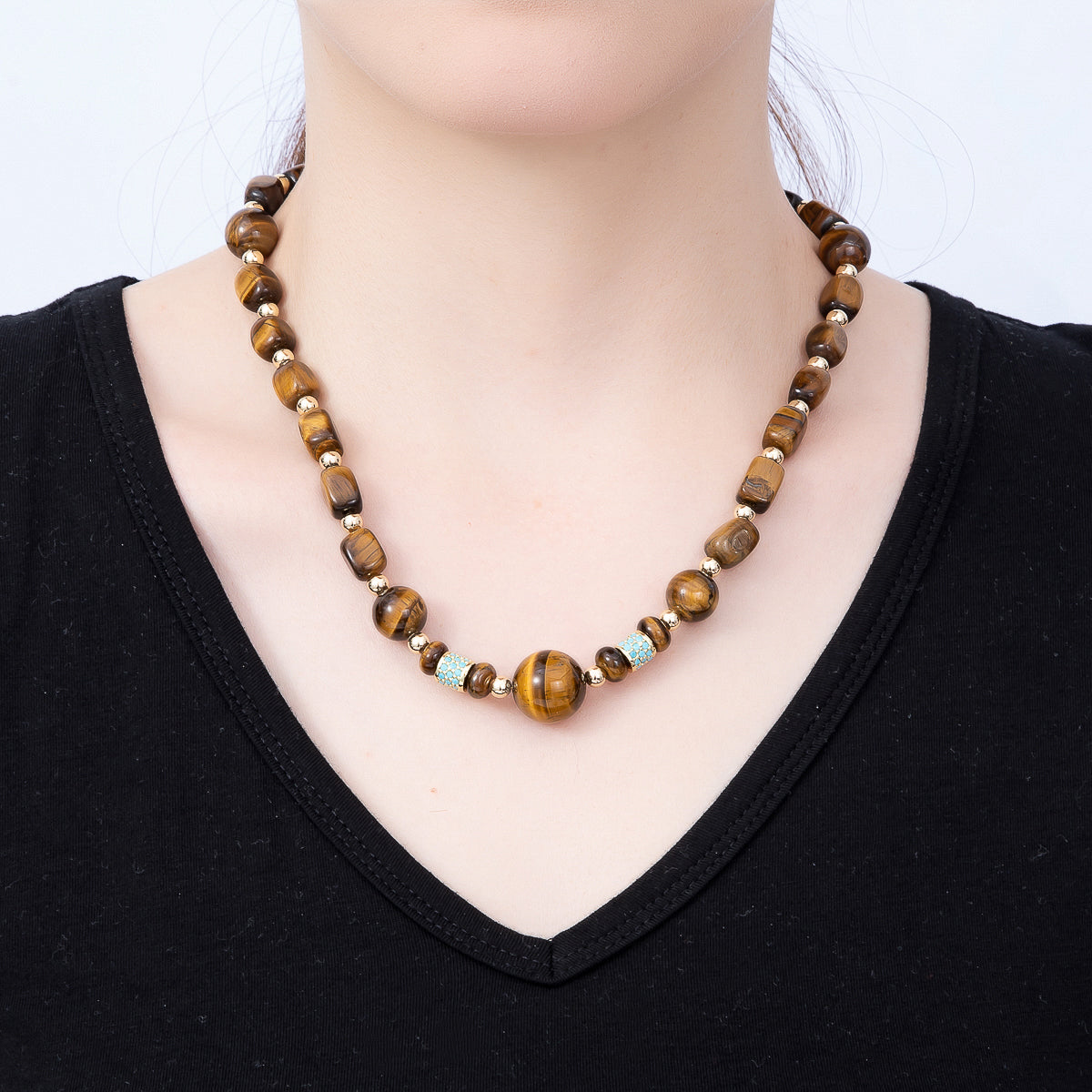 16K Gold Filled Turquoise Paved Tiger Eye Rectangle Bead Gemstone Chain 20 Inch Necklace w. Dual Push Gate | WA-02137