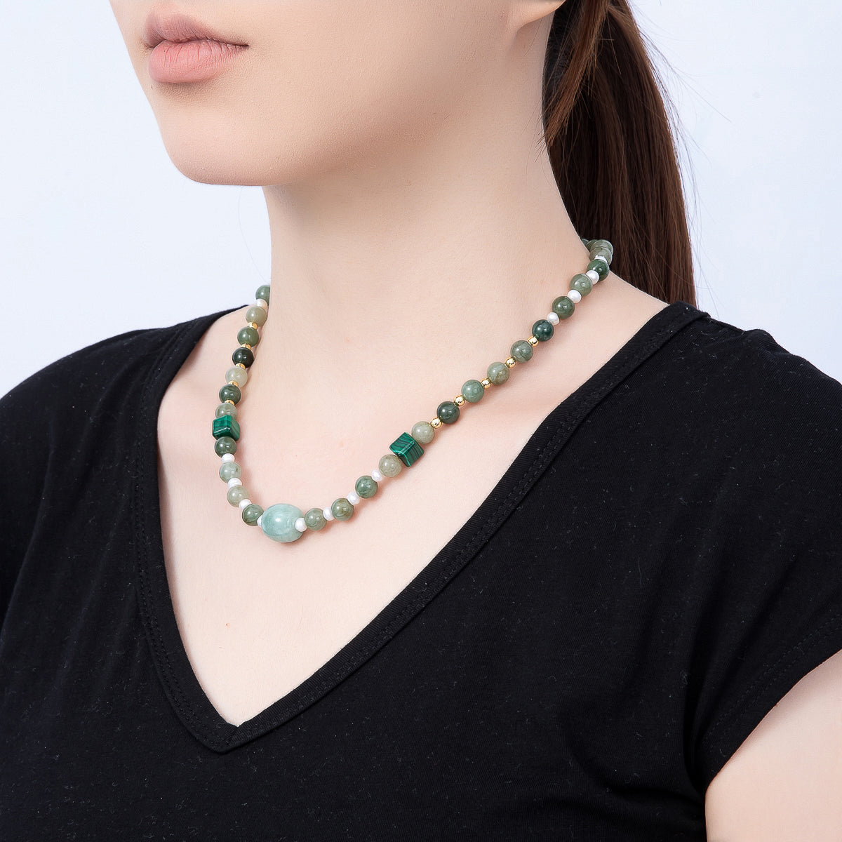 16K Gold Filled Shell Pearl Green Aventurine Malachite Bead Round Gemstone Chain 18 Inch Necklace | WA-00182