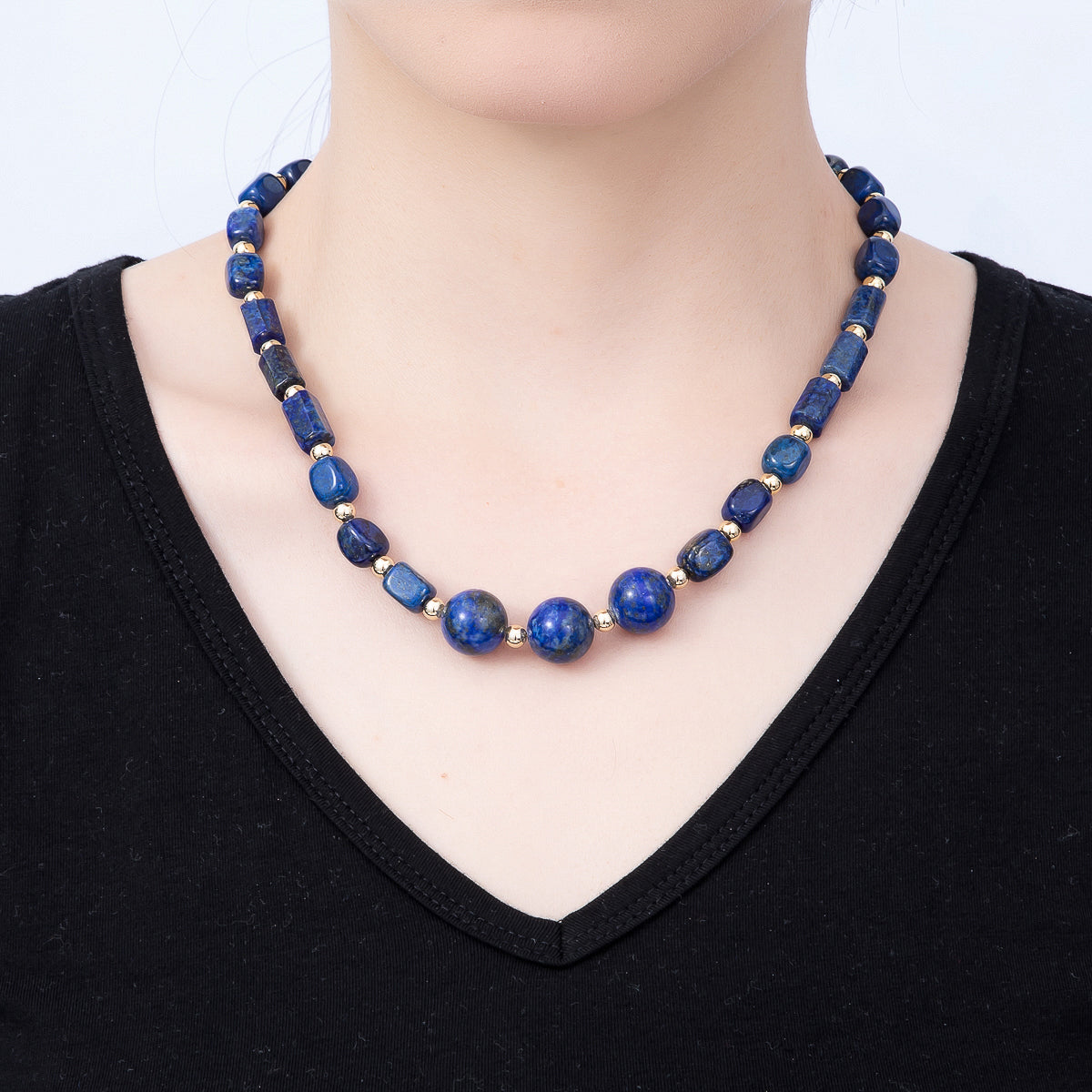 16K Gold Filled 14mm Lapis Lazuli Round Rectangle Gemstone Chain 19.5 Inch Necklace w. Dual Push Gate | WA-00564