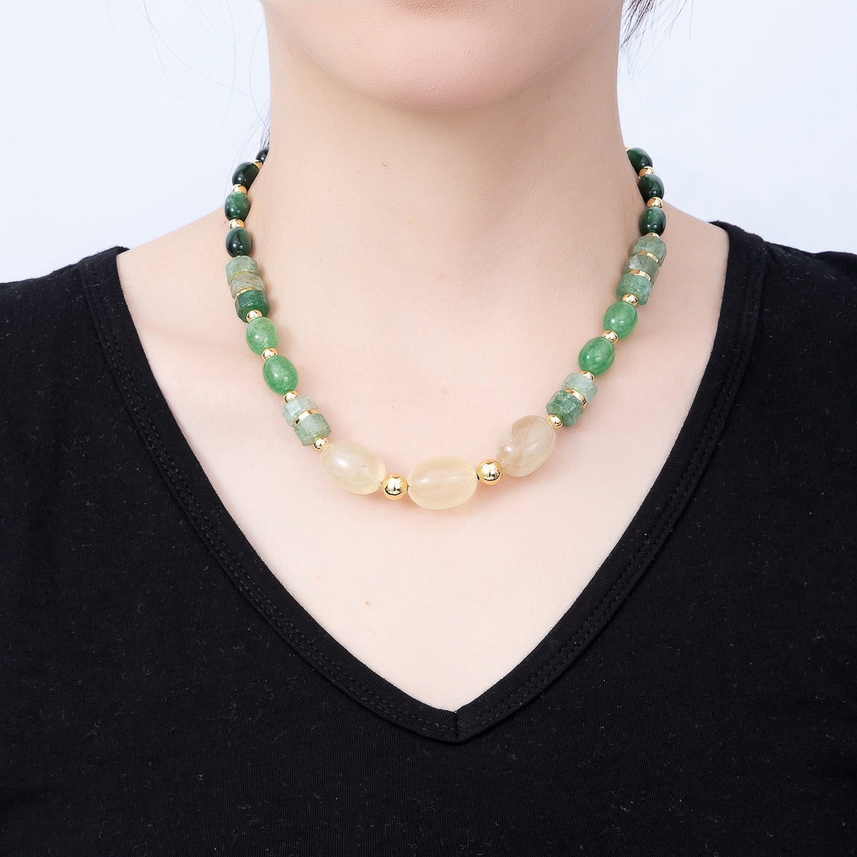 Handmade 16K Gold Filled 8mm Green Aventurine Gradient Gemstone Chain 18 Inch Necklace w. Push Gate Charm Holder | WA-01485
