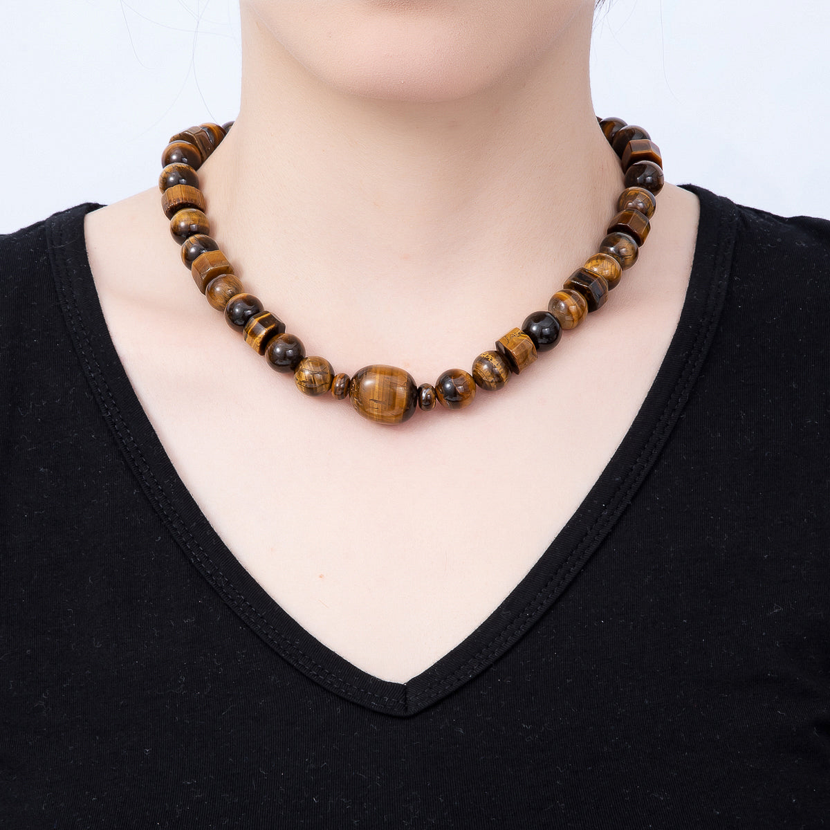 16K Gold Filled 12mm Tiger Eye Round Tube Geometric Gemstone Chain 18 Inch Necklace w. Dual Push Gate | WA-02111